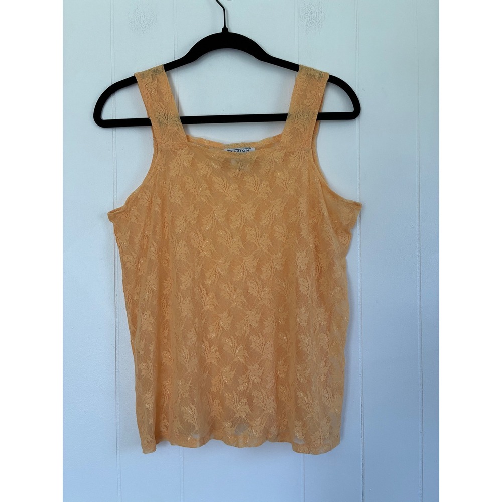 Fashion Formulas Womens Medium Orange Sheer  Metallic Unconventional Lace Tank‎